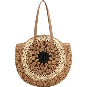 Round Straw Bag Handwoven Natural 01